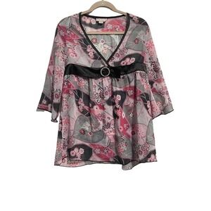 KNIT WERKS |‎ SHEER FLORAL 3/4 SLEEVE EMBELLISHED BLOUSE TOP